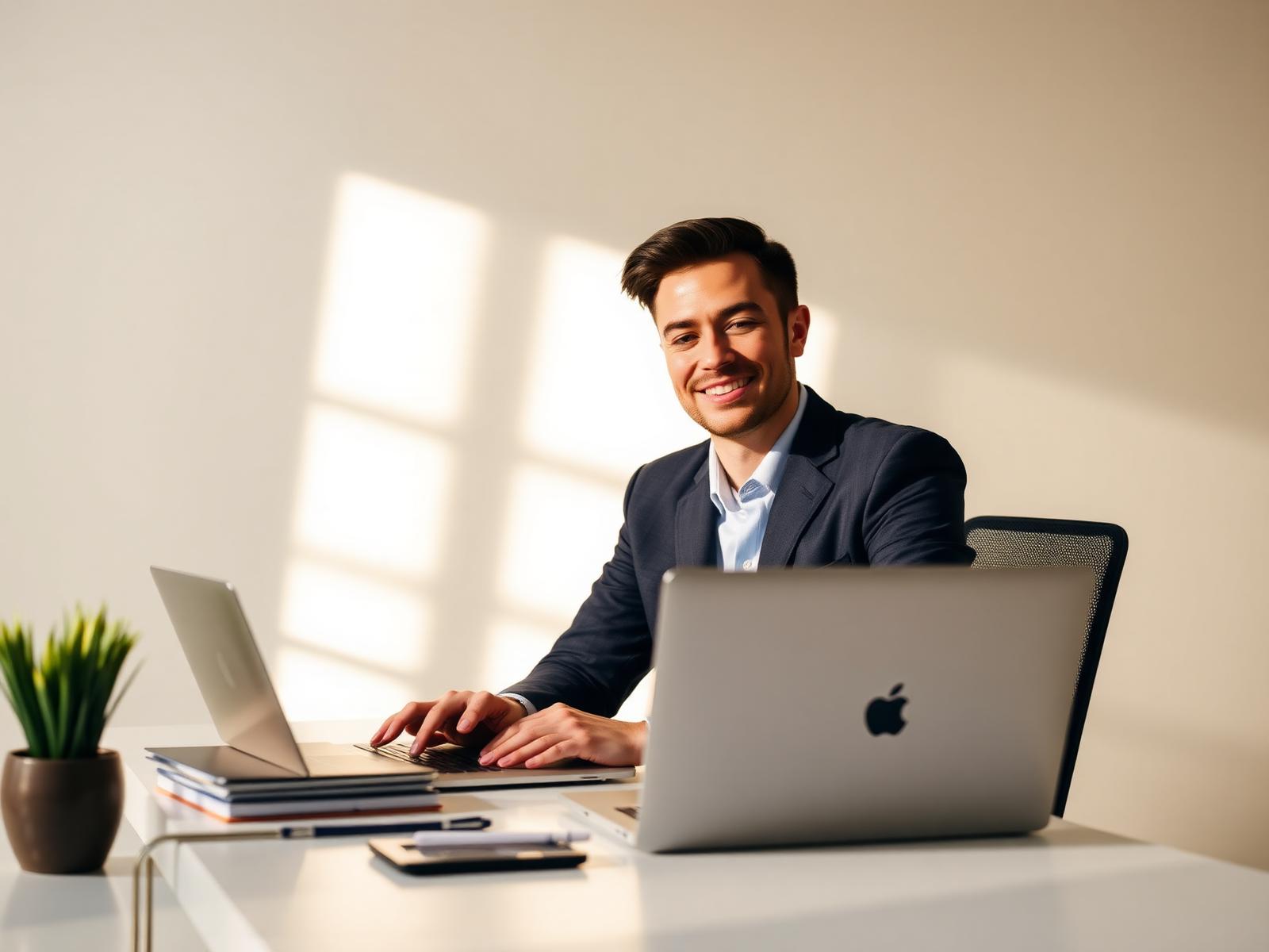 Small business owner working confidently at a bright desk